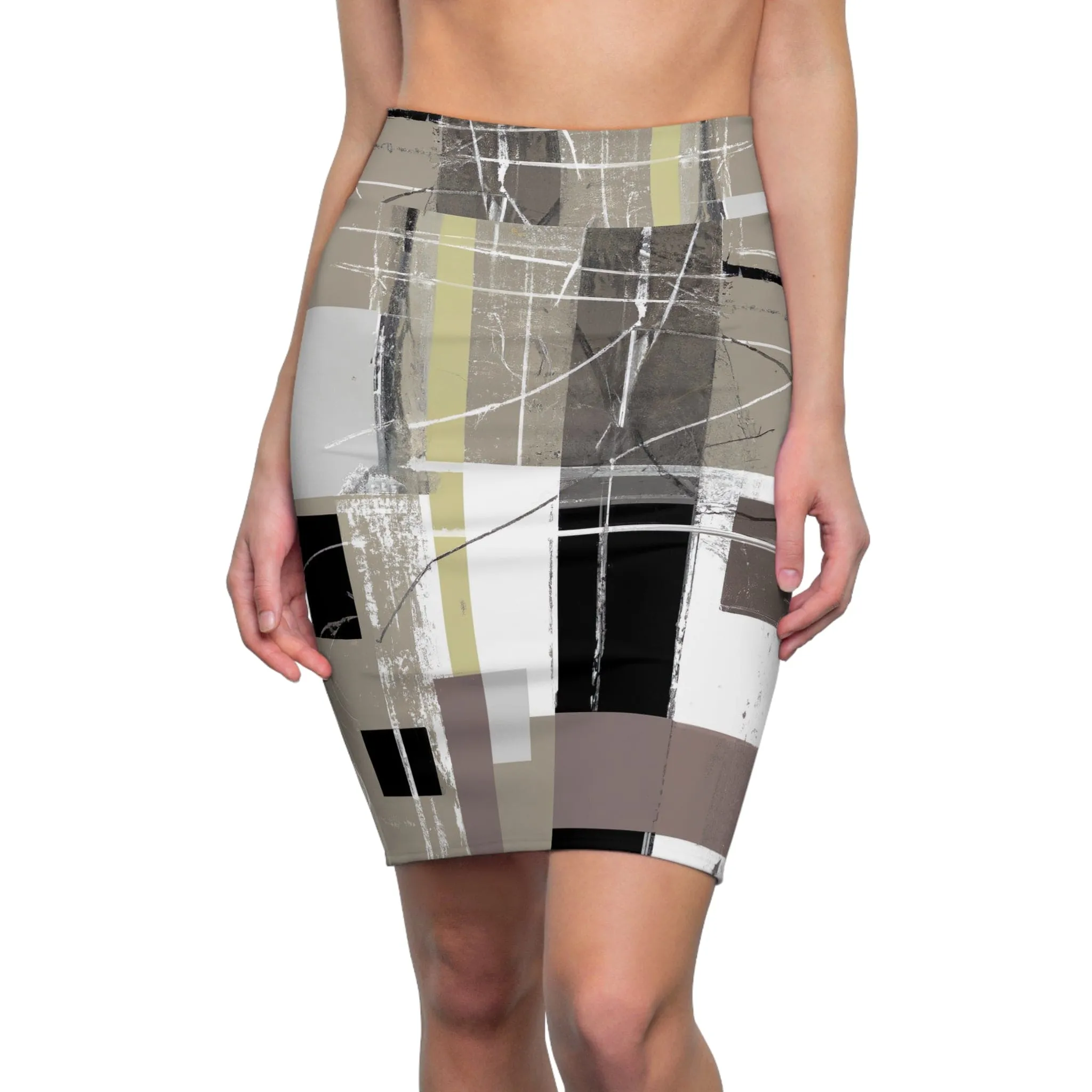 Womens Pencil Skirt - Abstract Black Brown Beige Geometric Contemporary Art Shapes