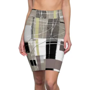 Womens Pencil Skirt - Abstract Black Brown Beige Geometric Contemporary Art Shapes