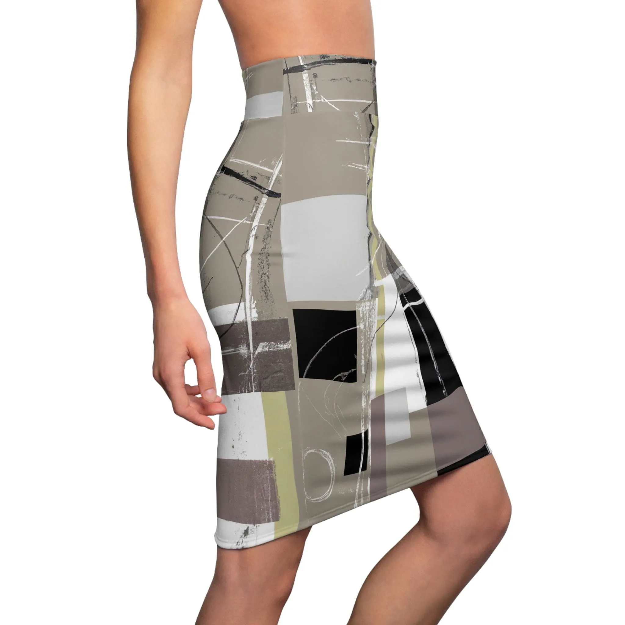 Womens Pencil Skirt - Abstract Black Brown Beige Geometric Contemporary Art Shapes