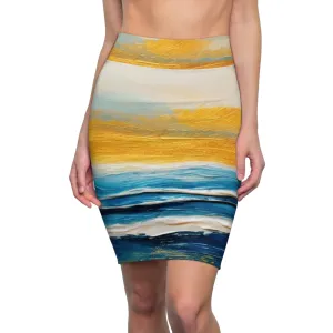 Womens Pencil Skirt - Blue Ocean Golden Sunset Print