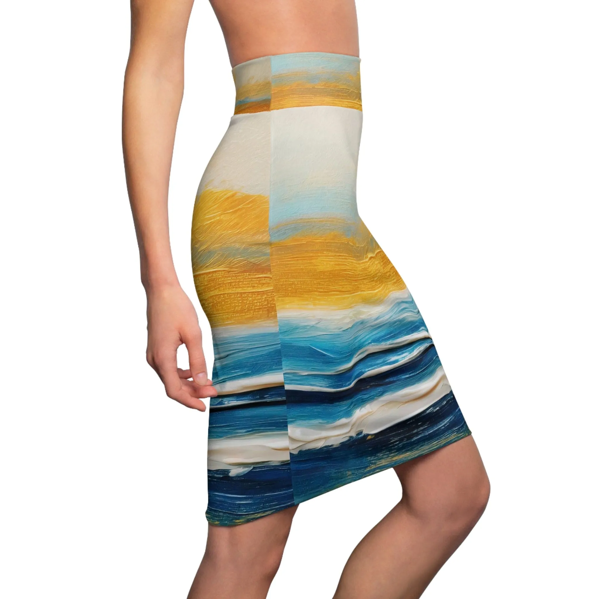 Womens Pencil Skirt - Blue Ocean Golden Sunset Print