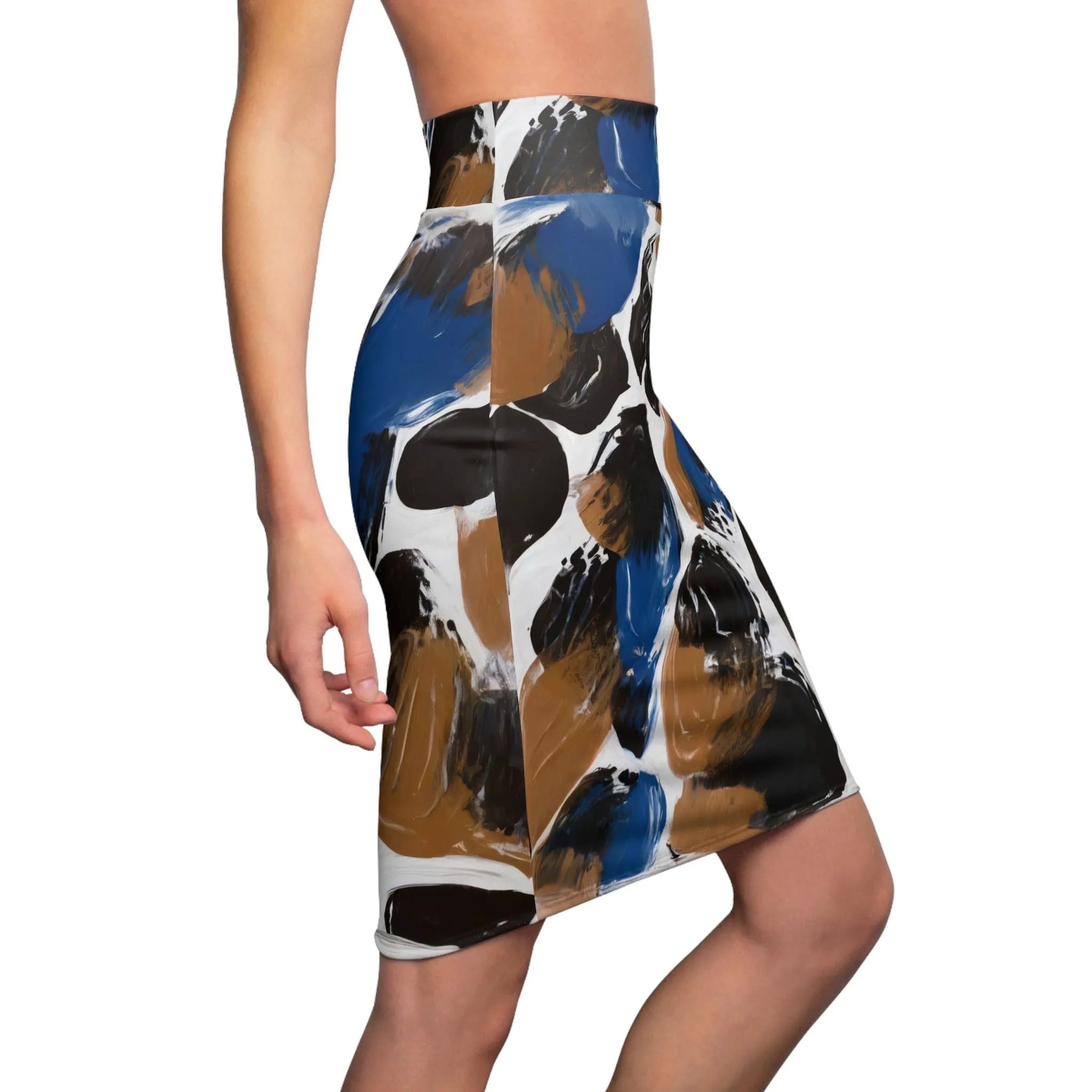 Womens Pencil Skirt - Dark Blue and Brown Spotted Abstract Pattern