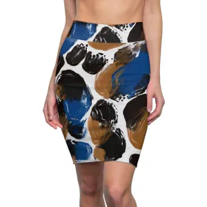 Womens Pencil Skirt - Dark Blue and Brown Spotted Abstract Pattern