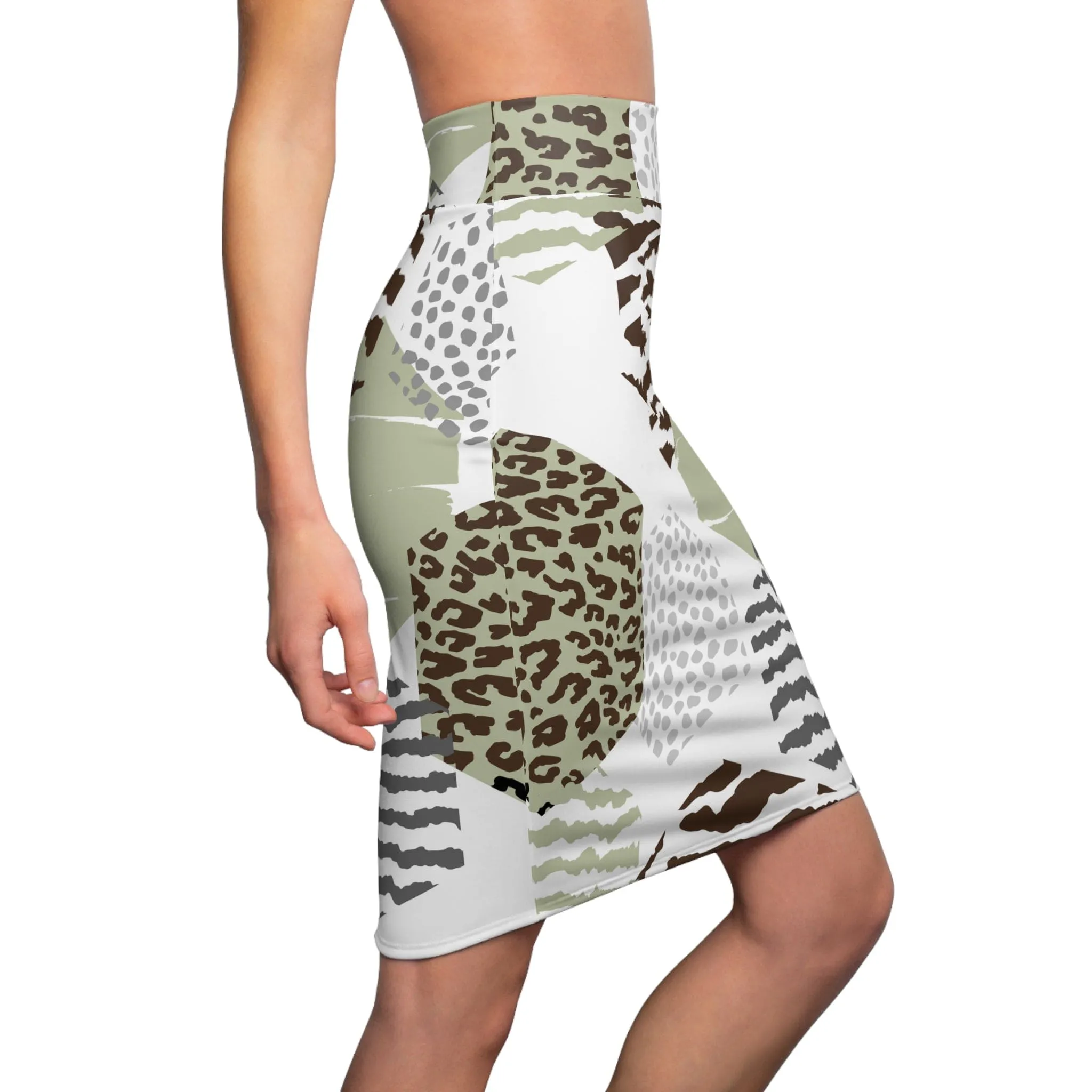 Womens Pencil Skirt - Green Grey Hexagon Pattern