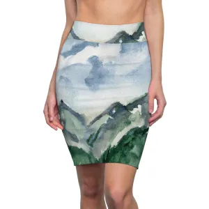 Womens Pencil Skirt - Green Mountainside Nature Landscape Blue Sky Print