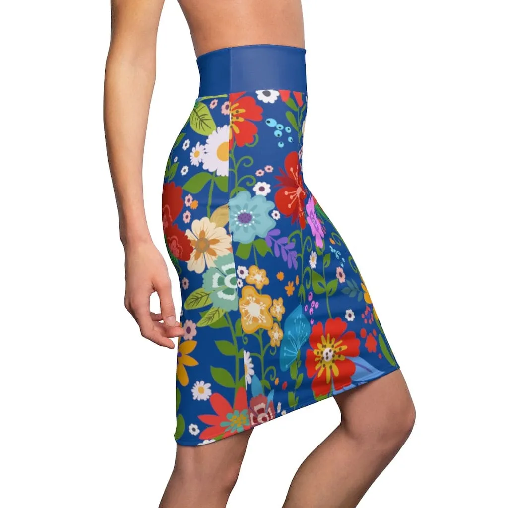 Womens Pencil Skirt - High Waist Stretch - Multicolor Floral Print - Blue