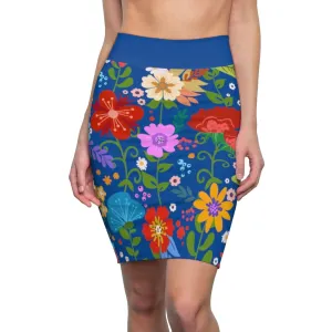 Womens Pencil Skirt - High Waist Stretch - Multicolor Floral Print - Blue