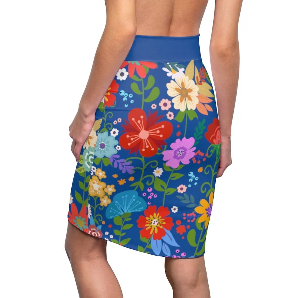 Womens Pencil Skirt - High Waist Stretch - Multicolor Floral Print - Blue