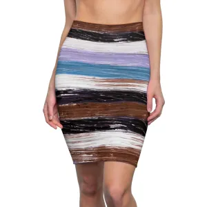 Womens Pencil Skirt - Lavender Black Brown Rustic Pattern