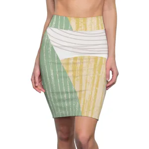 Womens Pencil Skirt - Mint Green Textured Look Boho Print