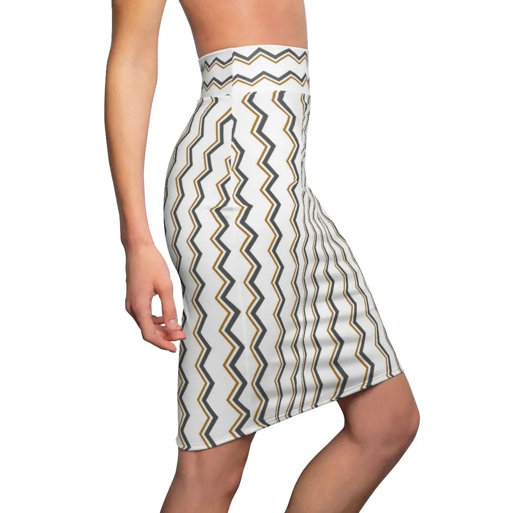 Womens Pencil Skirt - White and Beige Stripes Stretch Mini