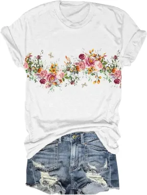 Women's Vintage Flowers Shirt Casual Boho Floral Printed T-Shirt Sunflower Wildflowers Graphic Tees Tops for Girl