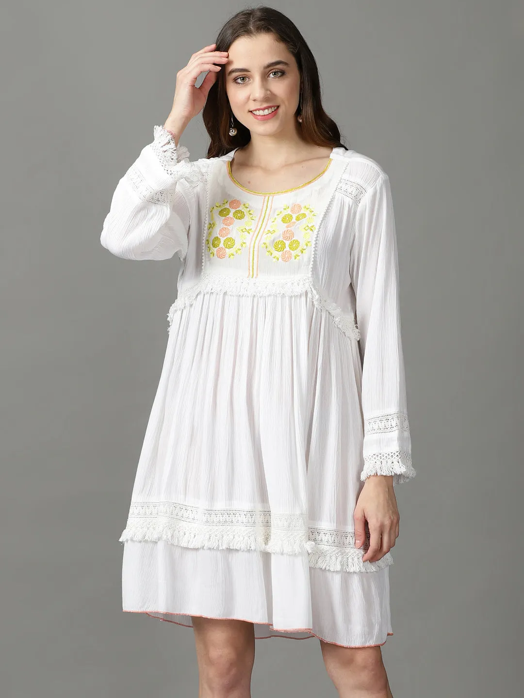 Women's White Embroidered Empire Dress