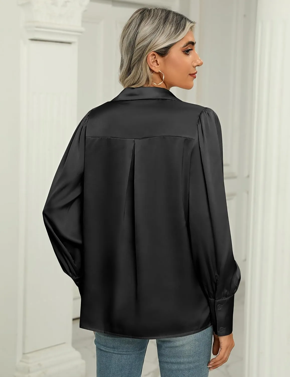 Zeagoo Womens Satin Blouse Lantern Long Sleeve Silk Button Down Shirt Dressy Casual Business Work Tunic Tops
