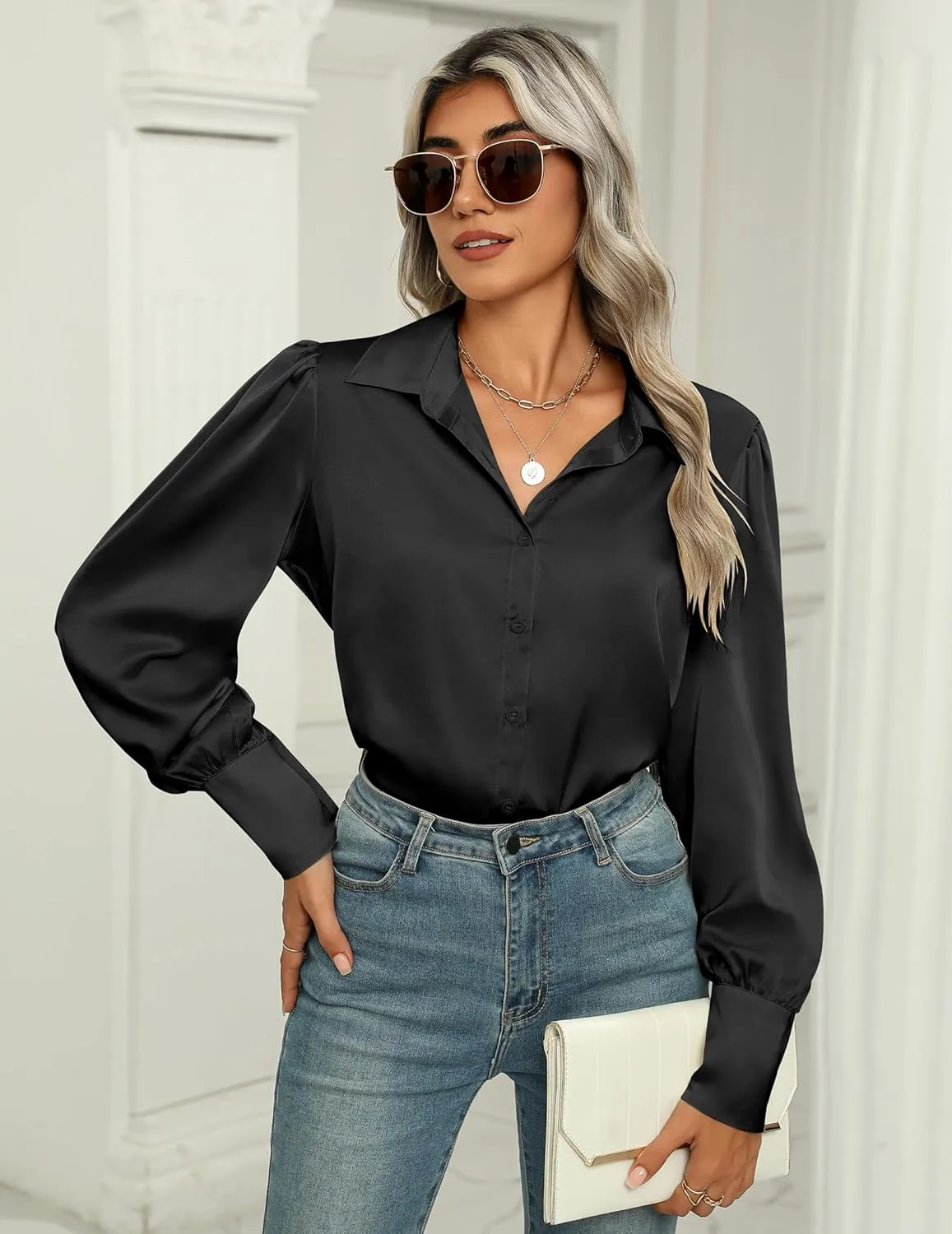 Zeagoo Womens Satin Blouse Lantern Long Sleeve Silk Button Down Shirt Dressy Casual Business Work Tunic Tops