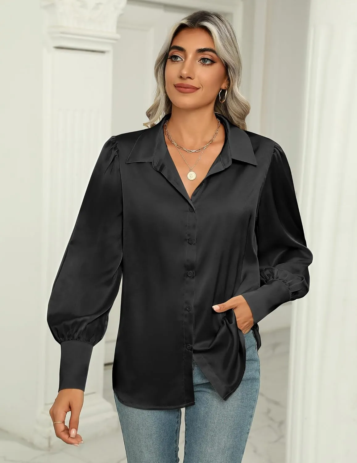 Zeagoo Womens Satin Blouse Lantern Long Sleeve Silk Button Down Shirt Dressy Casual Business Work Tunic Tops